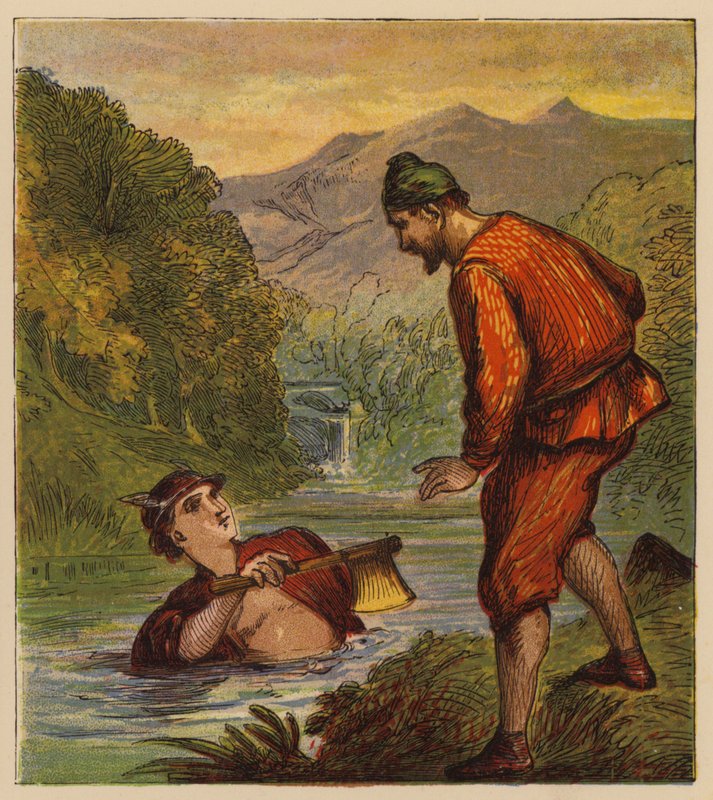 Aesops fabler: Mercury and the Woodman (farge litho) av English School
