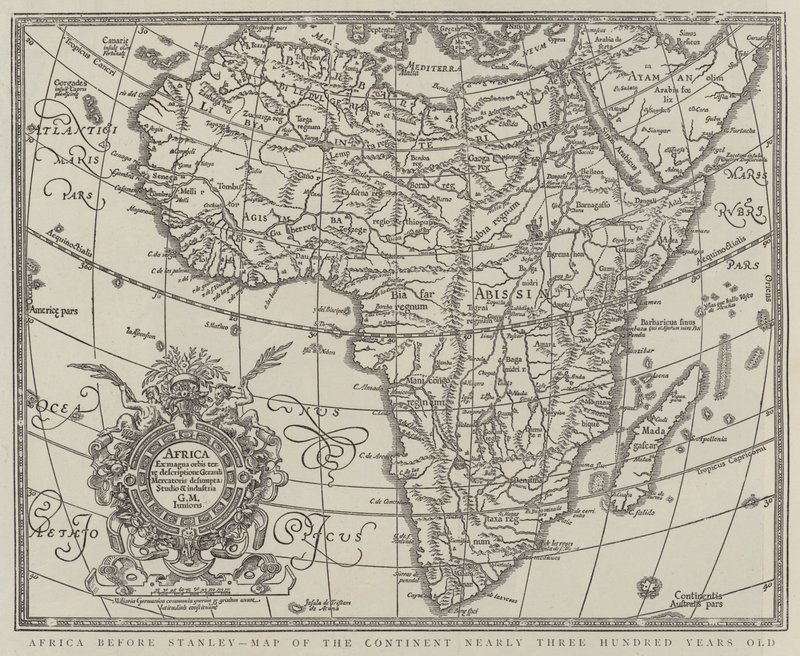 Afrika før Stanley, kart over kontinentet nesten tre hundre år gammelt (gravering) av English School