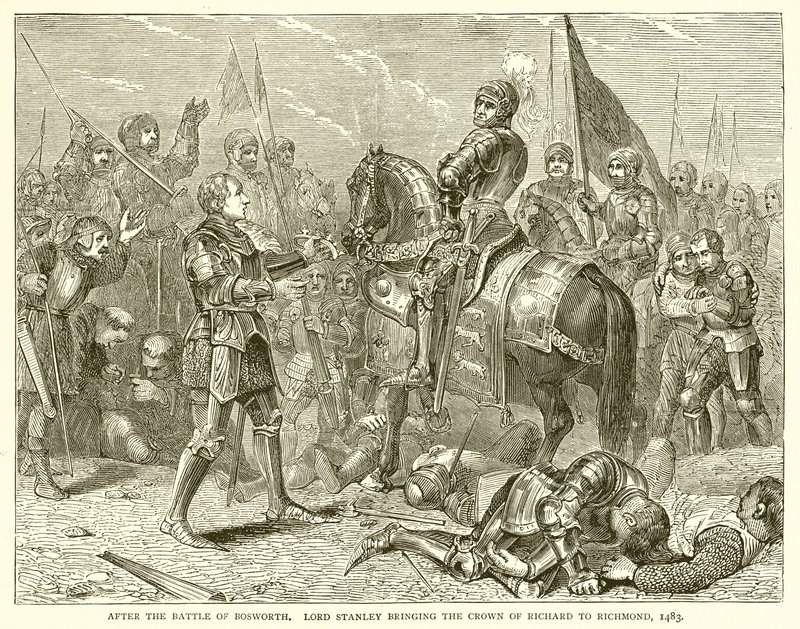 Etter slaget ved Bosworth. Lord Stanley brakte Richards krone til Richmond, 1483 av English School