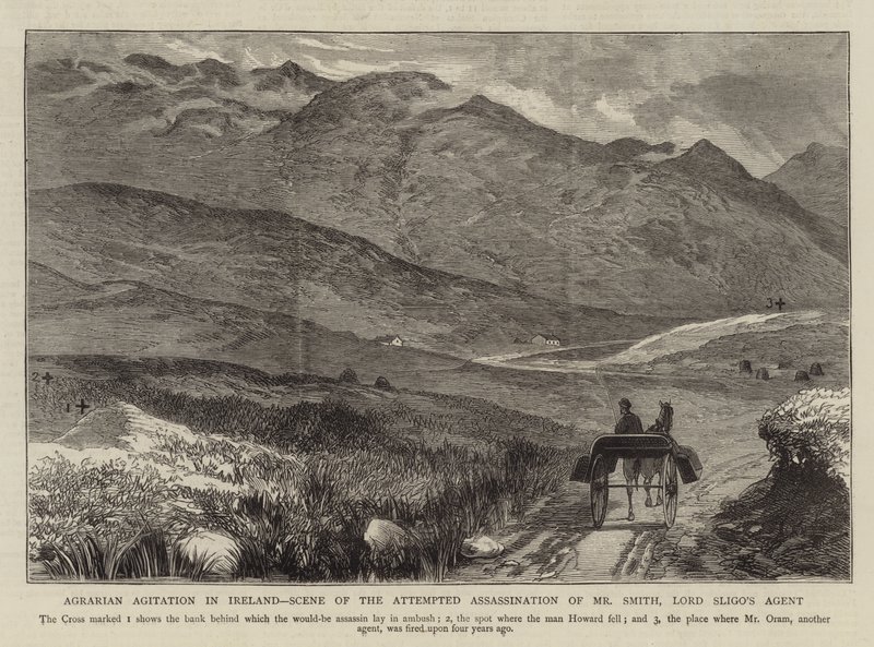 Agrarian Agitation i Irland, scene for attentatforsøket på Mr. Smith, Lord Sligos agent av English School