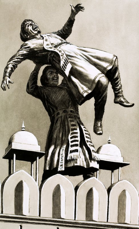 Akbar, kongen av Hindustan, kastet morderen Adham Khan fra toppen av palasset (gouache på papir) av English School