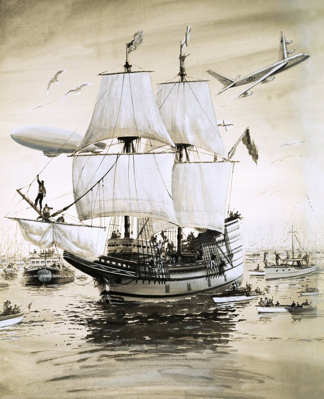 Alan Villiers gjenskaper Mayflower fra pilegrimsfedrene og seiler over Atlanterhavet av English School
