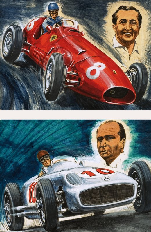 Alberto Ascari kjører en Maserati (øverst) og Juan Manuel Fangio kjører en Mercedes-Benz (under) av English School
