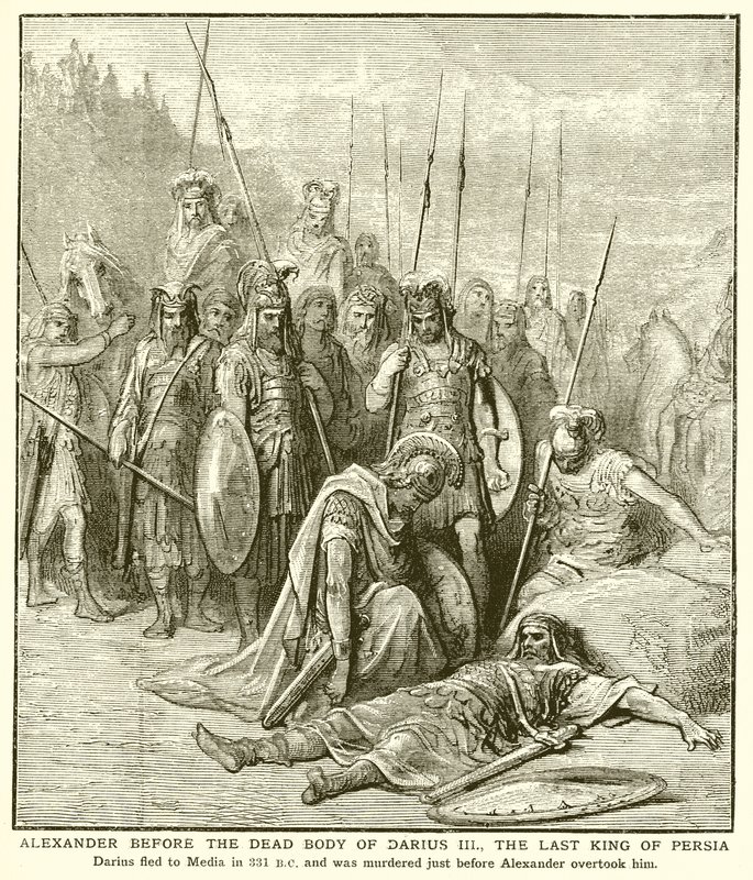 Alexander før den døde kroppen til Darius III, den siste kongen av Persia av English School
