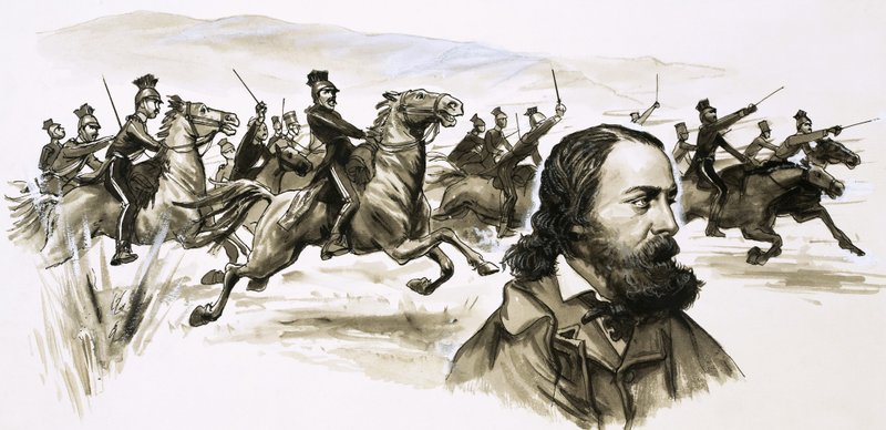 Alfred Tennyson med Charge of the Light Brigade i bakgrunnen av English School