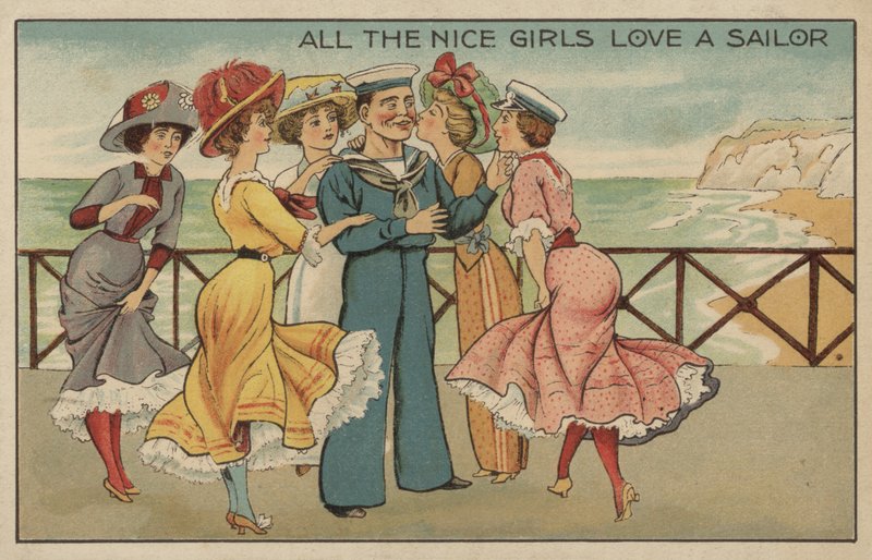 Alle de hyggelige jentene elsker en sjømann (farge litho) av English School