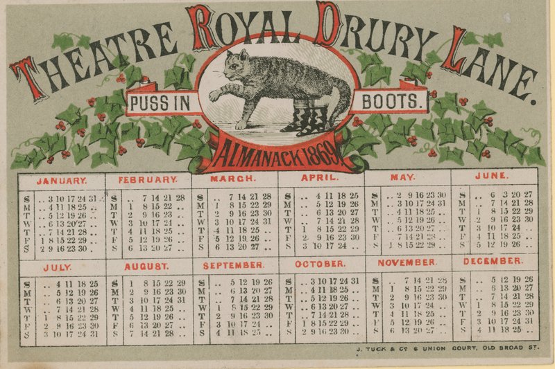 Almanack fra 1869, utstedt av Theatre Royal Drury Lane av English School