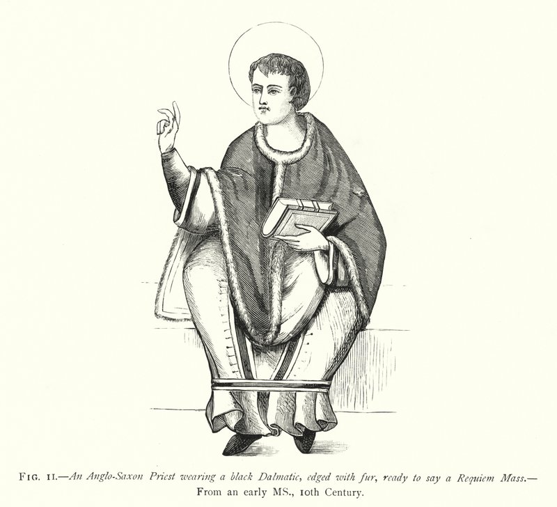 En angelsaksisk prest iført en svart Dalmatic, kantet med pels, klar til å si en Requiem-messe (gravering) av English School