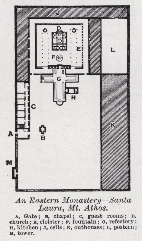 Et østlig kloster, Santa Laura, Mt Athos (litho) av English School