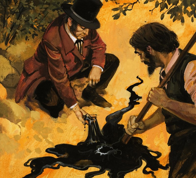 En edwardiansk herremann som oppdager olje (gouache på papir) av English School