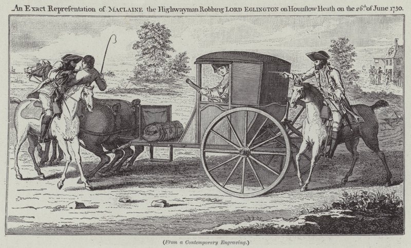En eksakt representasjon av Maclaine the Highwayman som ranet Lord Eglington på Hounslow Heath 26. juni 1750 (gravering) av English School