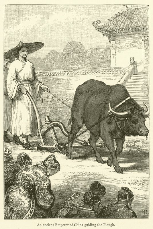 En gammel keiser av Kina som leder plogen (gravering) av English School