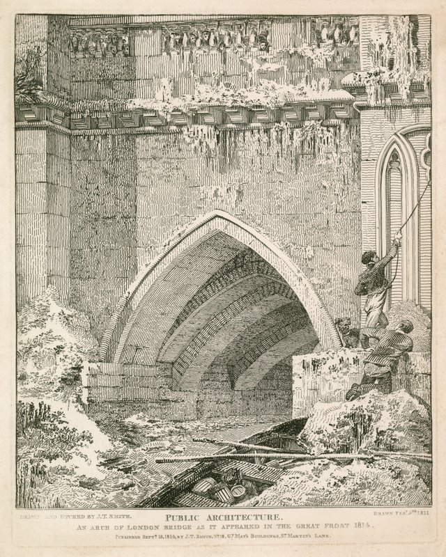 En bue av den gamle London Bridge slik den så ut i Great Frost, 1814 av English School