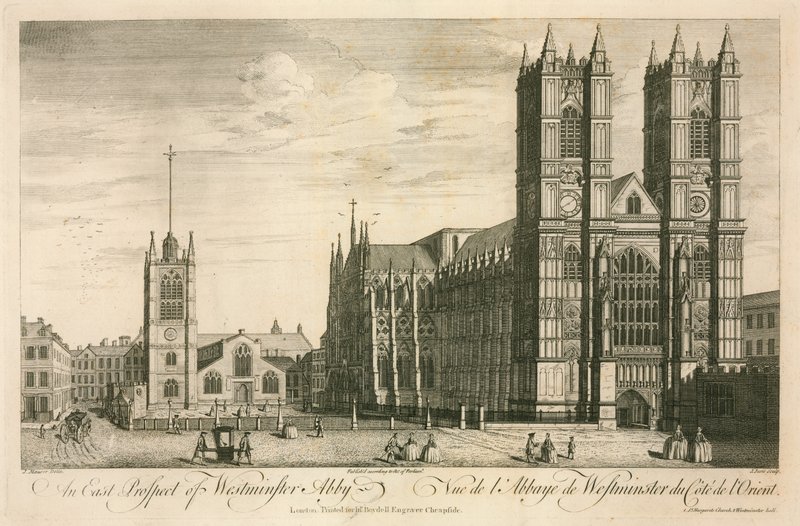 Et østprospekt av Westminster Abbey, London av English School