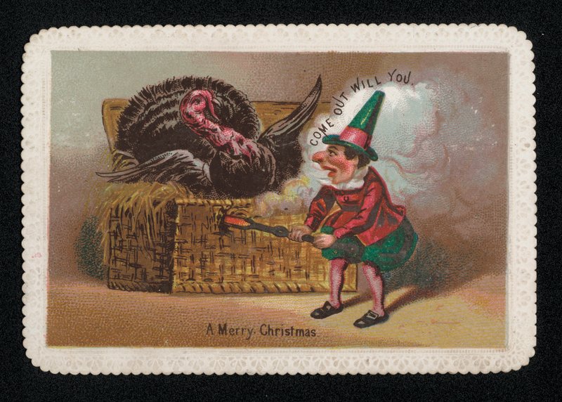En alv som røyker en kalkun fra en kurv, julehilsenskort (chromolitho) av English School