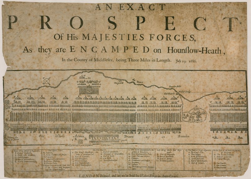 Et eksakt utsikter til hans Majestys styrker, da de ligger leir på Hounslow Heath, 19. juli 1686 av English School