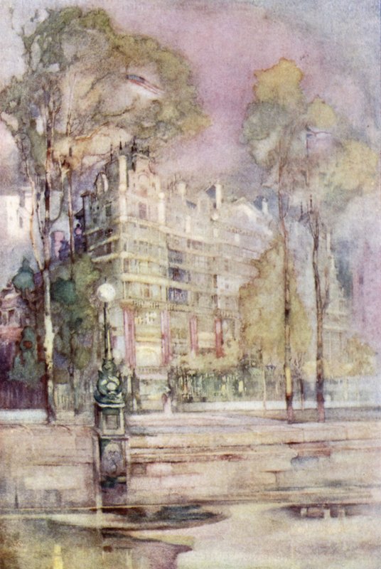 En impresjonistisk utsikt over elvefronten til Savoy Hotel (farge litho) av English School