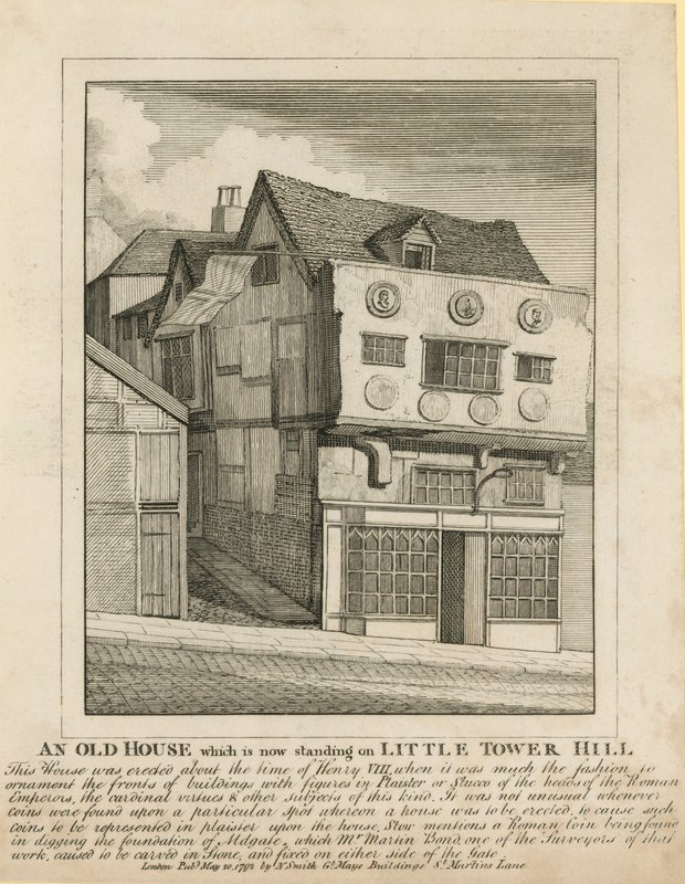 Et gammelt hus som nå står på Little Tower Hill, London av English School