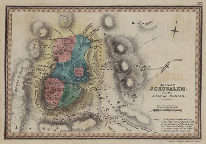 Det gamle Jerusalem med landet Moriah (farget gravering) av English School