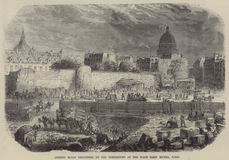 Gamle murer oppdaget av rivingene på Place Saint Michel, Paris (gravering) av English School