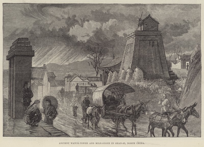 Gamle vakttårn og milestein i Shan-si, Nord-Kina (gravering) av English School