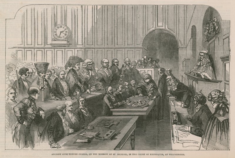 Gamle borgerlige ansettelsesskikk, på speilet til St Michael, i Court of Exchequer, i Westminster av English School