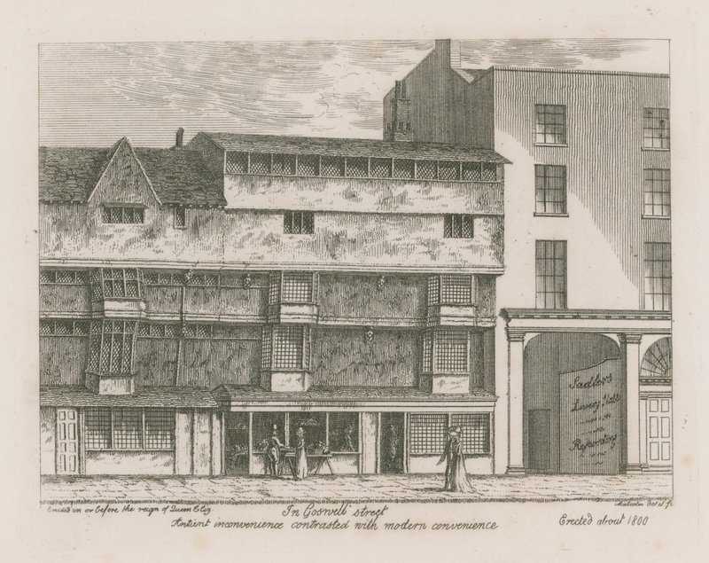 Gammel bekvemmelighet kontrasterte med moderne bekvemmelighet i Gosnell Street, Finsbury av English School