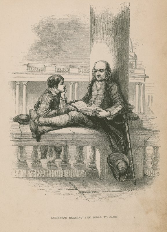 Anderson leser Bibelen for Jack; illustrasjon fra Poor Jack av Frederick Marryat av English School