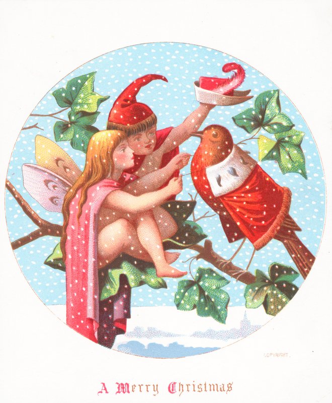 Angel and Alf dressing Robin, julekort av English School