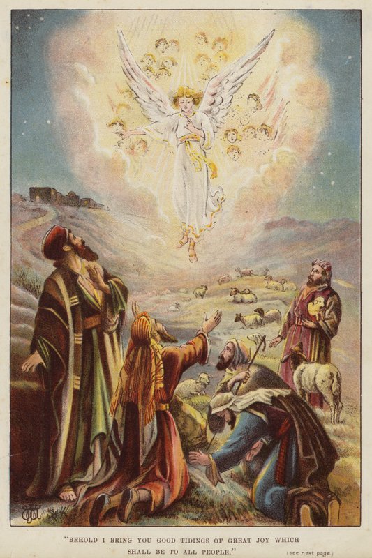 Engel som forteller gjeterne om Jesu Kristi fødsel (chromolitho) av English School