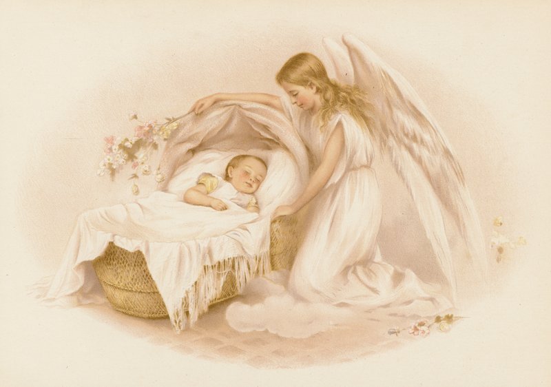Engel som passer på en baby (chromolitho) av English School