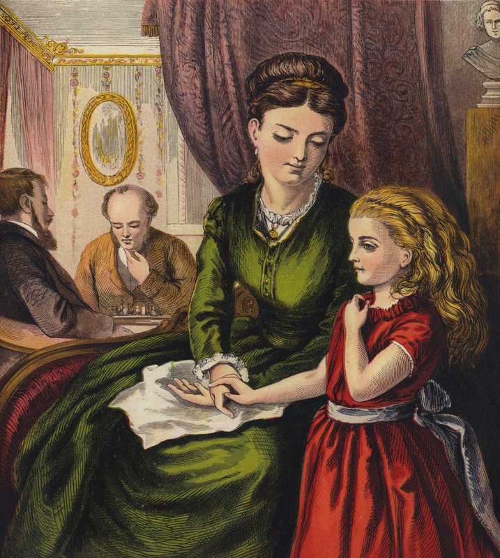 Ann og mammaen hennes (farge litho) av English School