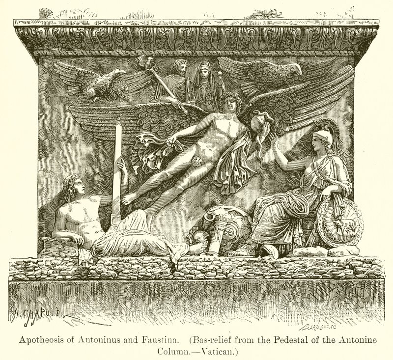 Apoteose av Antoninus og Faustina. (Bas-relieff fra pidestallen til Antonin-søylen.--Vatikanet) av English School