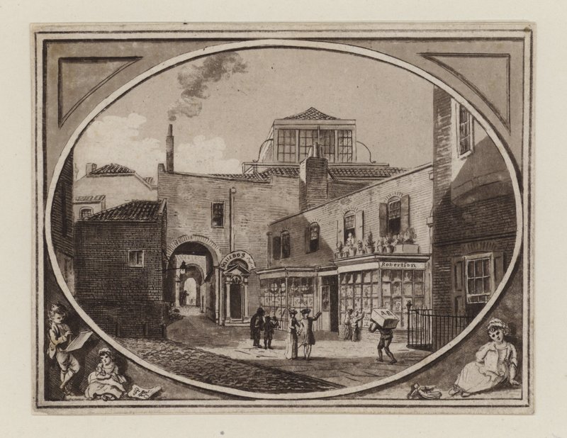 Archibald Roberton, trykt selger, fra Savill Row Passage, tilstøtende Squibs Auction Room, ca. 1790 av English School
