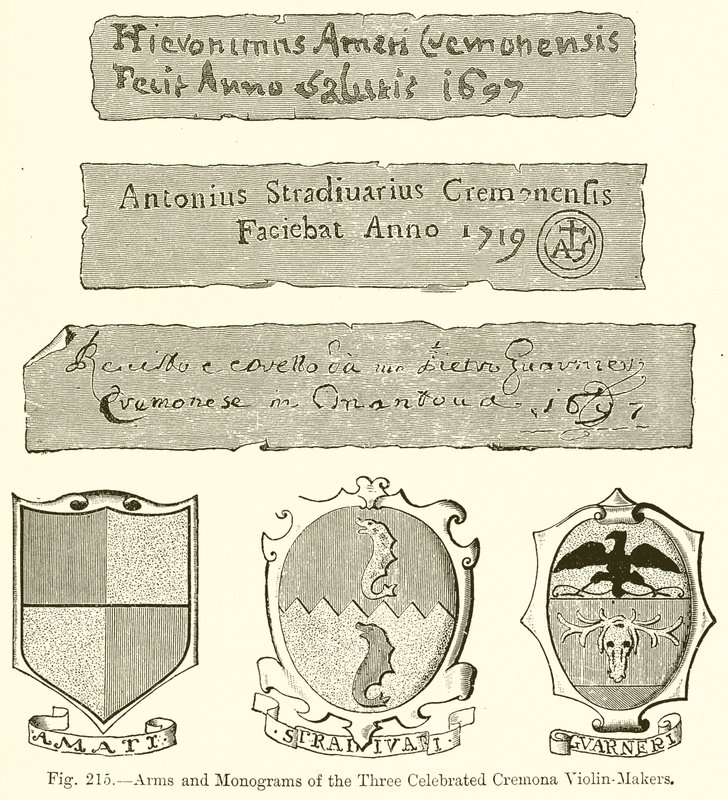 Armene og monogrammene til de tre berømte Cremona-fiolinprodusentene av English School