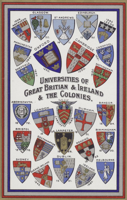 Arms of the Universities of Great Britain, Ireland and the Colonies (farge litho) av English School