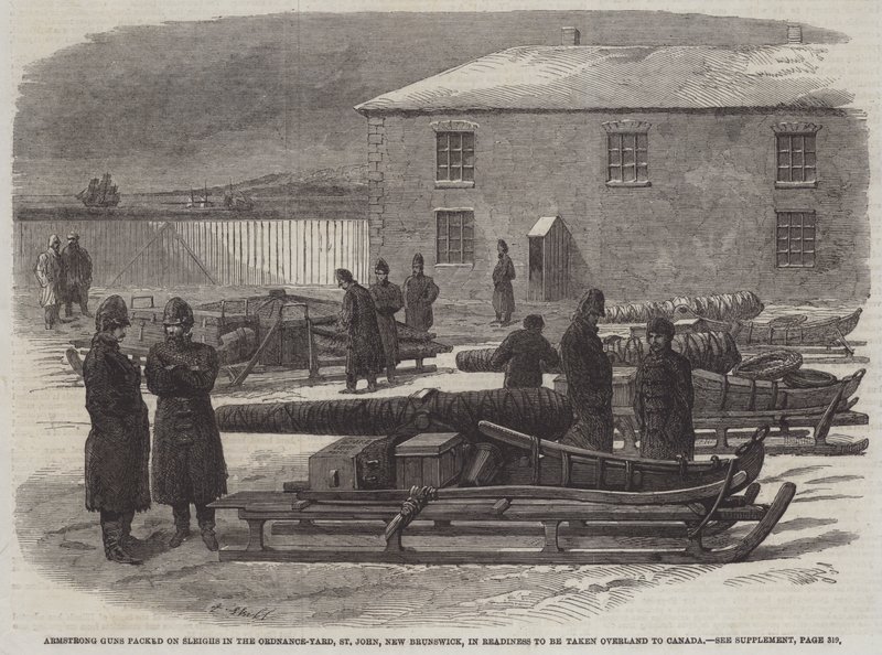 Armstrong våpen pakket på sleder i Ordnance-Yard, St John, New Brunswick, i beredskap for å bli tatt over land til Canada (gravering) av English School