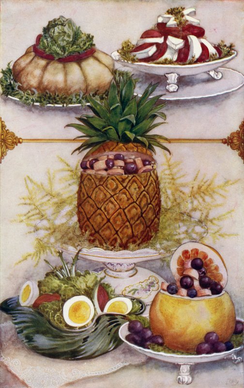 Opplegg for servering av salater i uthulede frukter (farge litho) av English School