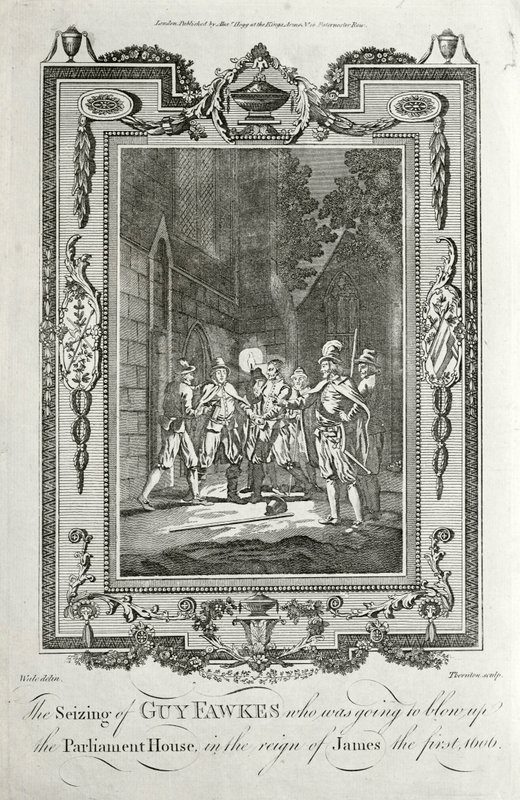 Arrestasjon av Guy Fawkes for forsøk på å sprenge parlamentets hus i kruttet, 5. november 1605 (gravering) av English School