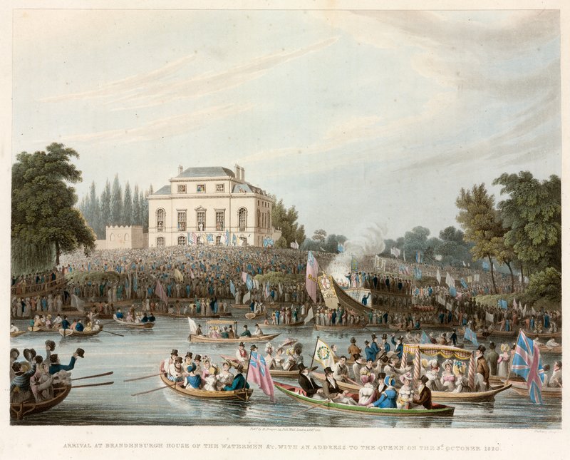 Ankomst til Brandebburgh House of the Watermen etc med adresse til dronningen, 3. oktober 1820 av English School