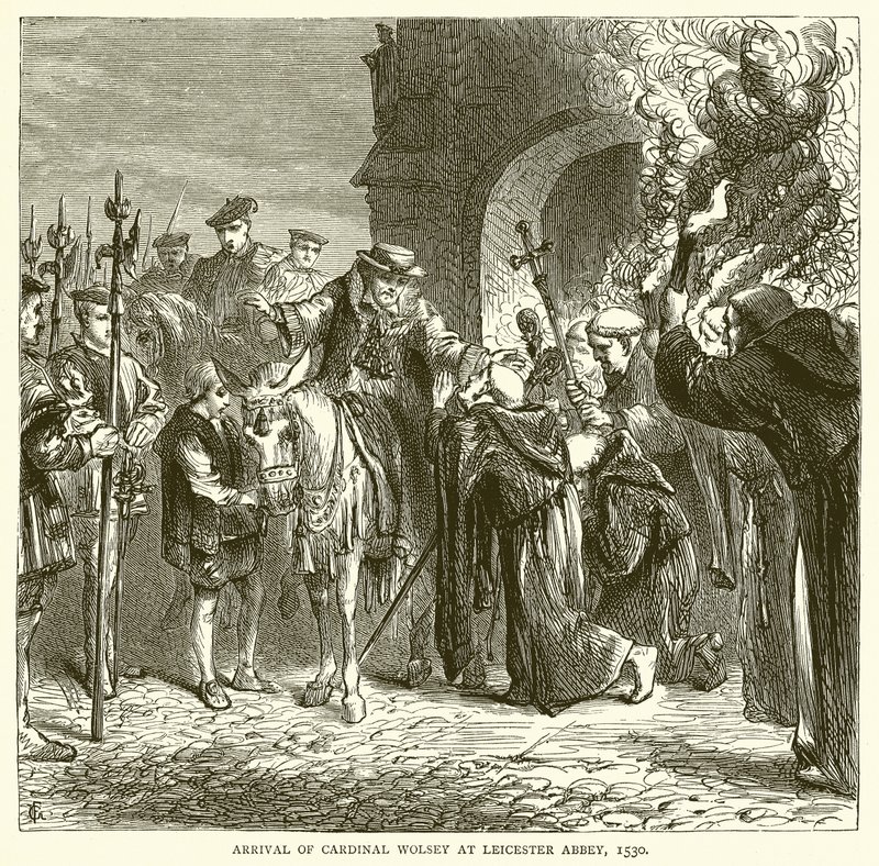 Kardinal Wolseys ankomst til Leicester Abbey, 1530 av English School