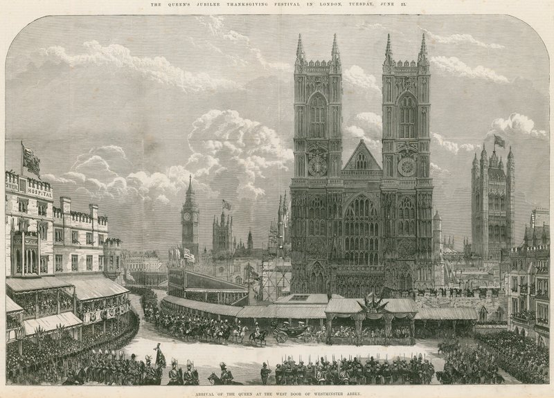 Dronning Victorias ankomst ved vestdøren til Westminster Abbey av English School