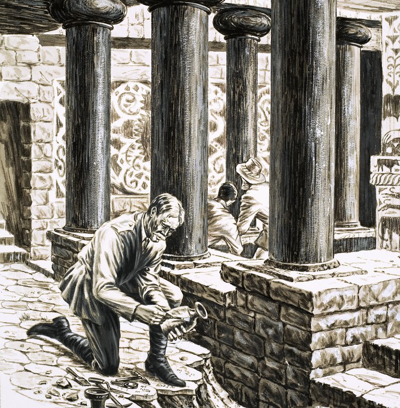 Arthur Evans utforsker restene av det gamle minoiske palasset på Knossos av English School