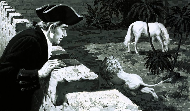 Artisten George Stubbs så på mens en løve stjal mot en Barbary-hest (gouache på papir) av English School