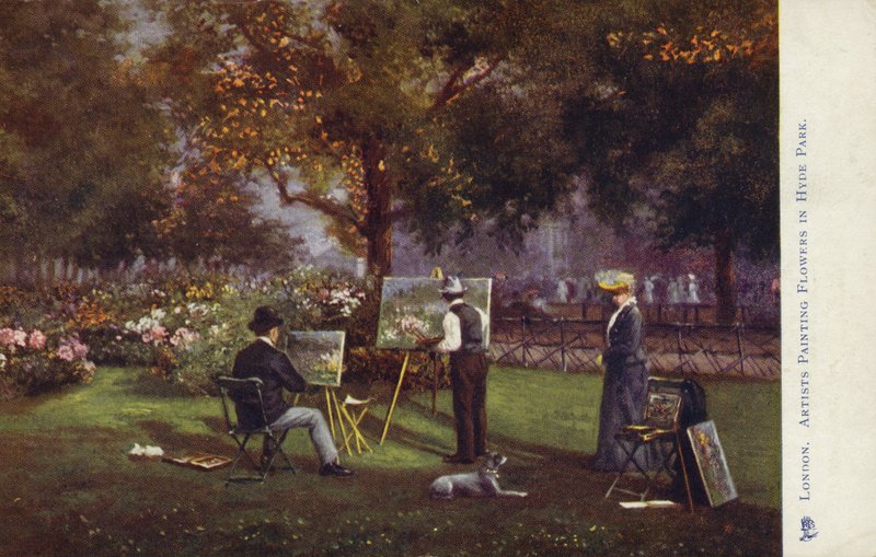 Kunstnere som maler blomster i Hyde Park, London av English School