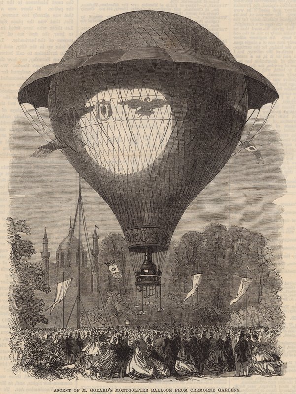 Bestigning av M Goddards Montgolfier-ballong fra Cremorne Gardens av English School