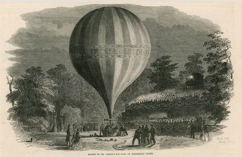 Oppstigning av Mr Greens ballong onsdag kveld; Vauxhall Gardens, London av English School