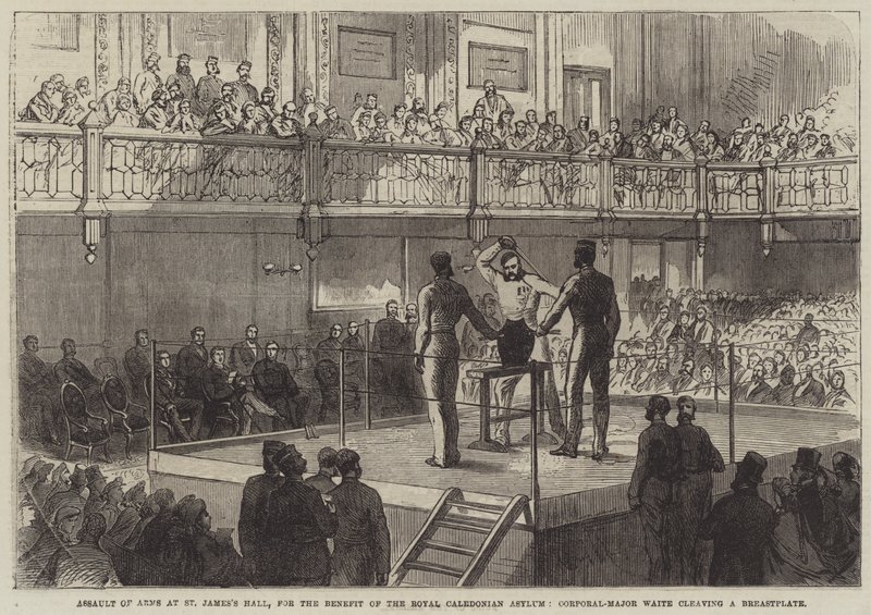 Assault of Arms ved St James's Hall, til fordel for Royal Caledonian Asylum, korporal-major Waite kløyver en brystplate (gravering) av English School