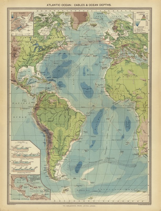 Atlanterhavet, kabler og havdybder (farge litho) av English School
