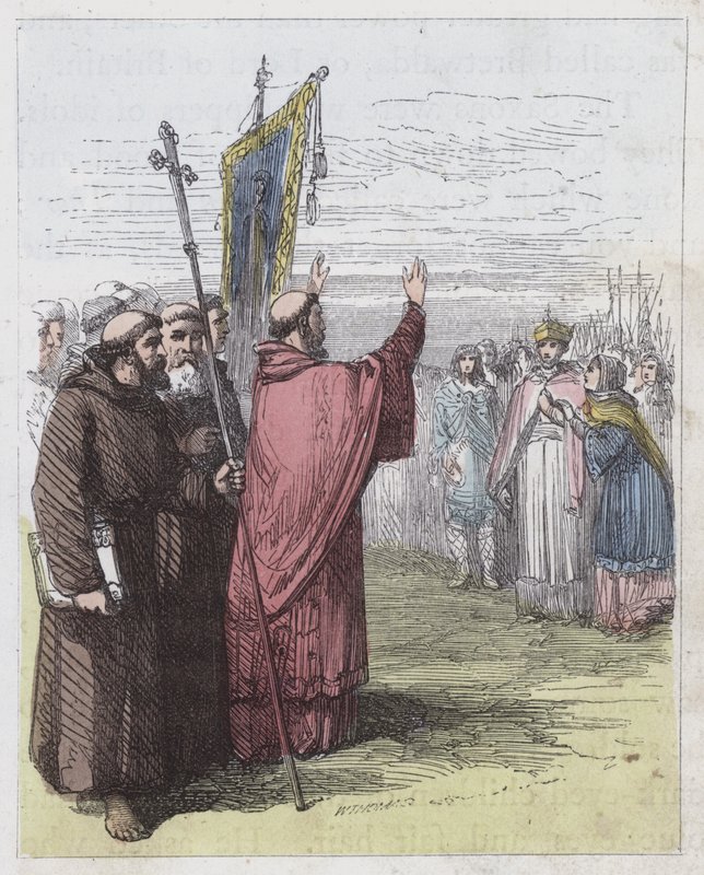 Augustine forkynner før Ethelbert (farget gravering) av English School
